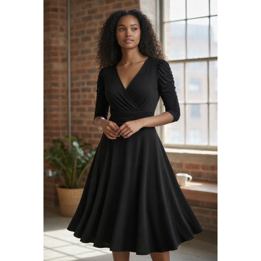 Cocktail Formal Going Out Black Midi Fit Flare Dress Built In Shapewear Size 6